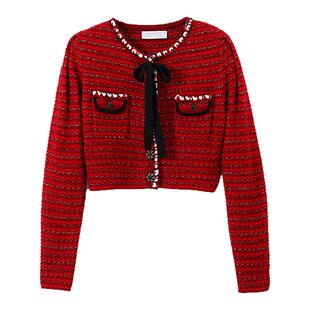 小香风羊毛针织开衫短款外套女修身厚毛衣外穿上衣蝴蝶结红色春秋