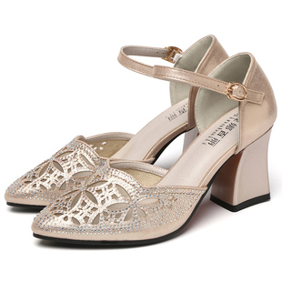 真皮2025新款夏季带钻女鞋包头高跟旗袍凉鞋女粗跟妈妈网纱时装鞋