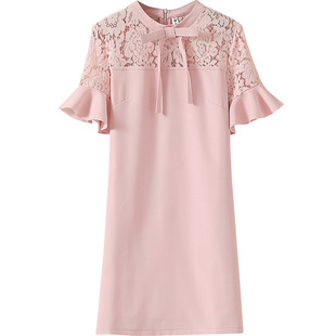 欧美2026夏季新款女装 蕾丝拼接荷叶边喇叭袖A字型显瘦短袖连衣裙