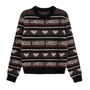 UNIFREE灰色条纹毛衣女款北极绒秋冬新款加厚爱心提花打底针织衫