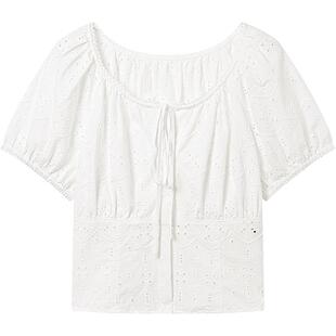 KBNE镂空短袖女装白色方领泡泡袖小衫雪纺衫2025夏季新款衬衫上衣
