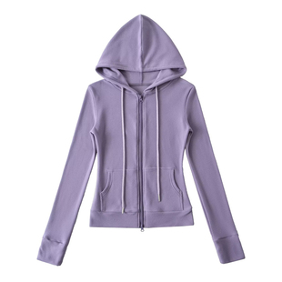 棉洋美式瑜伽运动修身抽绳插兜帽衫女辣妹德绒双拉链连帽卫衣外套