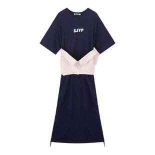 SJYP女士春夏韩系休闲风拼接条纹可拆卸腰封连衣裙 银泰 301604