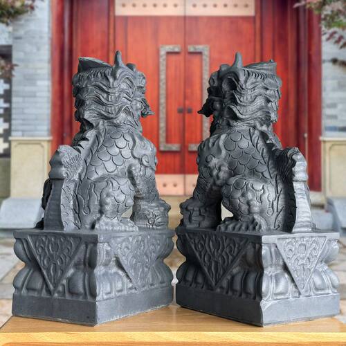 招财青石麒麟摆件石雕石头一对家用镇宅公母门前门口看门庭院石小