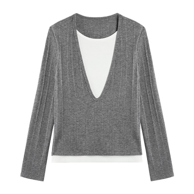 长袖假两件T恤撞色气质上衣