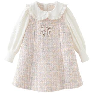 戴维贝拉中大童连衣裙2026春装新女童粉色格小香风裙子长袖假两件