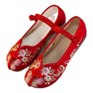 北京女绣花鞋平底牛筋底汉服民族风春秋单鞋中国风复古跳舞鞋软底