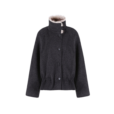 范洛宽松插肩袖抽绳毛呢外套