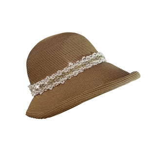 法式赫本风春夏新款缝制珍珠手工草帽盆帽草帽遮阳帽水钻渔夫草帽