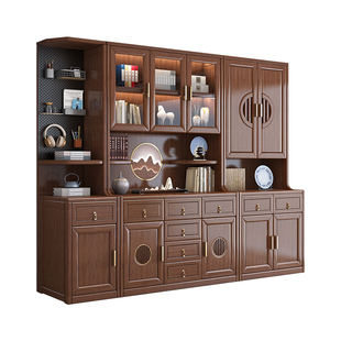 新中式实木书柜胡桃木带柜门玻璃门装饰柜一体整墙书房柜子储物柜