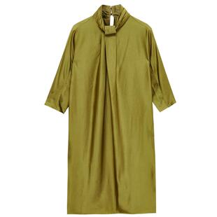 EXCEPTION例外女装春秋款简约醋酸亚麻混纺高领气质七分袖连衣裙