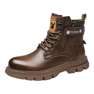 花花公子马丁靴2025冬季加绒真皮百搭高帮工装靴内增高厚底皮鞋男
