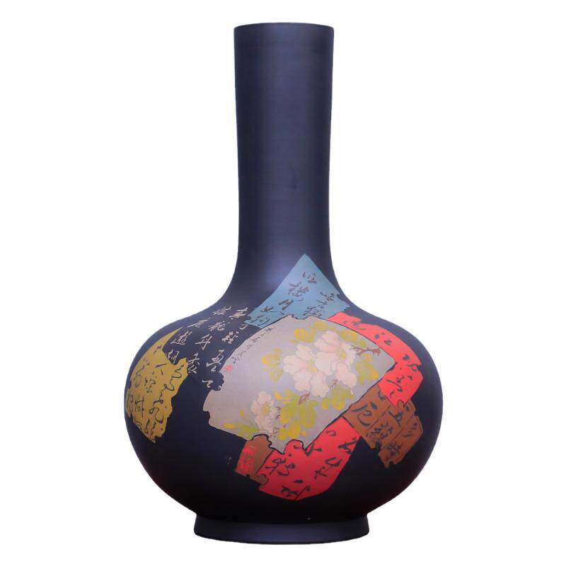 建水紫陶纯手工艺术花瓶插花花器 残贴书法大号花瓶大厅摆件T68