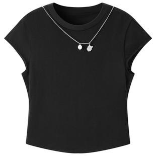 太平鸟链条撞色T恤衫短袖女夏新款修身短款时尚辣妹上衣凉感