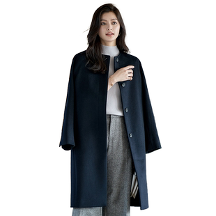 23区日系秋季通勤直筒羊毛羊绒混纺圆领中长呢大衣长外套商场同款