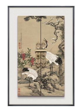 新中式玄关山水风景铜门环挂画