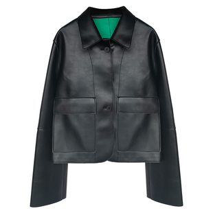 因由 皮衣外套女撞色设计休闲短款上衣2025年秋季宽松机车风夹克