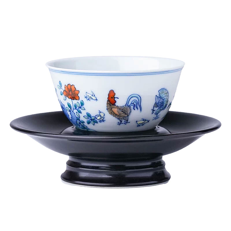 刘建锋窑青花斗彩鸡缸杯带托