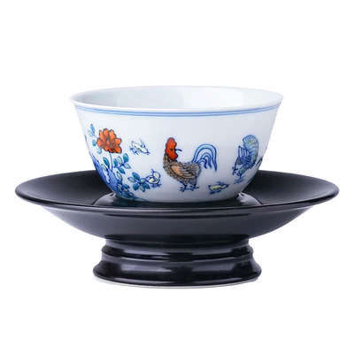刘建锋窑青花斗彩鸡缸杯带托