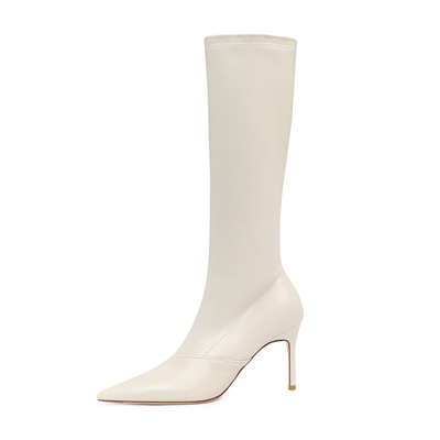 泫雅同款尖头白色高跟细跟长靴女