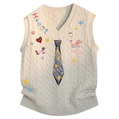 查尔斯桃心美式印花V领针织衫男女情侣百搭毛衣学院风背心马甲潮