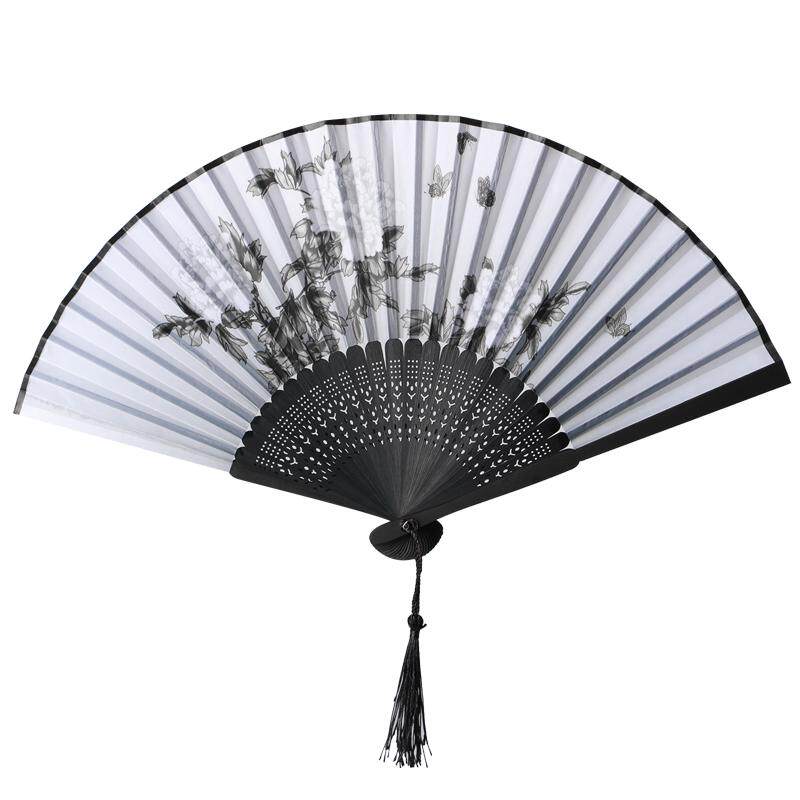 中国风黑色水墨画旗袍扇子随身夏天古风中式流苏折扇便携汉服竹扇
