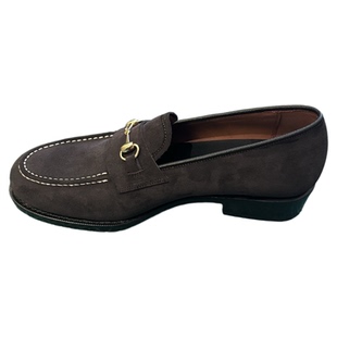 马衔扣乐福短版圆头一脚蹬翻毛皮蓝黑色手工沿条固特异皮底夏季