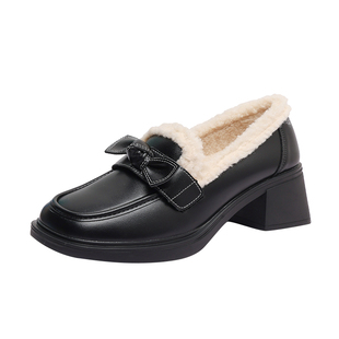 牛皮版~34小码高跟加绒乐福鞋女款2025新款冬季雪地靴保暖小皮鞋