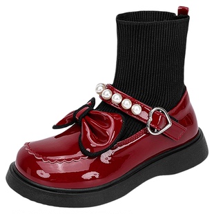 女童新年酒红软底护脚袜靴2026冬季款小女孩皮鞋中小童公主休闲鞋