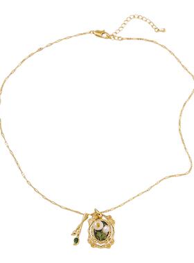 珍珠珐琅花朵细款法式复古项链