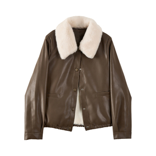美拉德加绒加厚PU皮衣短外套女冬装时尚毛领保暖机车服夹克上衣潮