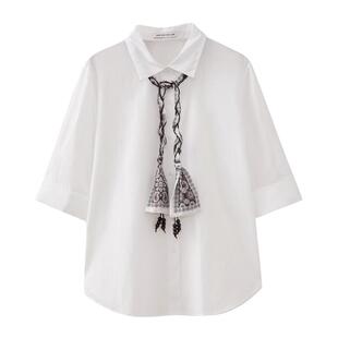 水云间女装 翻领通勤简约纯棉宽松七分袖白衬衫上衣26夏季新款