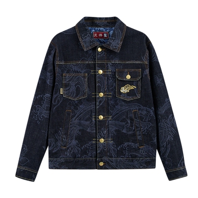 ONIARAI/鬼洗泥棒蓝24新男式镭射满印刺绣牛仔夹克外套  N340188