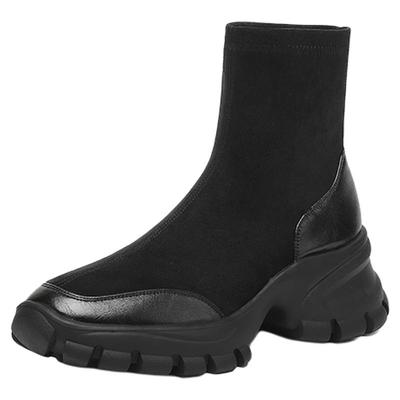 星期六黑色绒面厚底短靴女2025新款秋季英伦风复古烟筒弹力靴袜靴