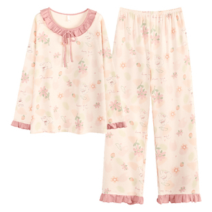 浪莎带胸垫睡衣女春秋款2025新款甜美长袖纯棉大码全棉家居服套装