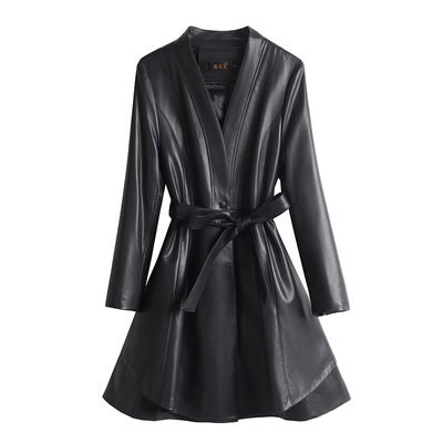 真皮羽绒服女中长款V领皮衣外套