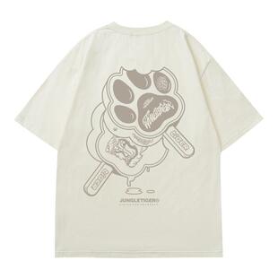 丛林老虎原创趣味卡通260g重磅短袖街头hiphop学生奶杏色男士T恤
