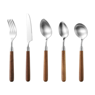 胡桃木柄304不锈钢刀叉勺日式餐具牛排刀叉砂光圆勺酒店勺子叉子