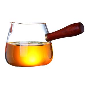 玻璃侧把公道杯｜耐高温实木手柄红木锤目纹公杯核桃纹茶海茶具