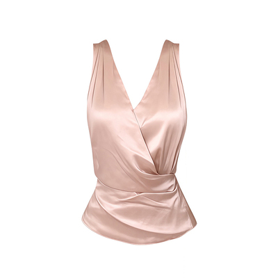 RIXO QUEEN轻熟优雅风V领挂脖褶皱背心女夏新款无袖收腰系带上衣