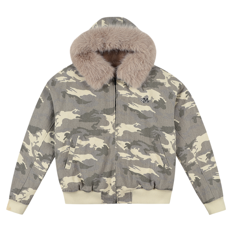 MEDM 迷彩毛领毛绒保暖休闲棉衣冬季美式复古拉链棉服情侣外套男