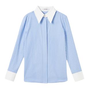 朗姿法式通勤纯棉蓝色设计感气质条纹内搭衬衫上衣2025年秋季新款