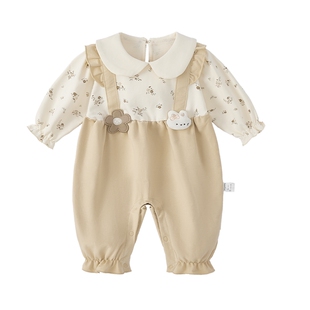 女宝宝假两件连体衣春季幼童春装幼儿碎花哈衣春秋婴儿长袖爬服春