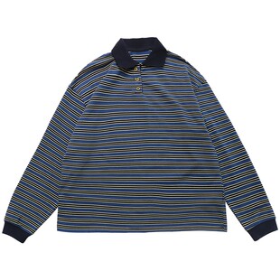 鹿与飞鸟「航海学院」经典日系不对称领POLO衫宽松条纹T恤7308