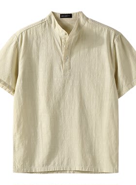 LUUD 儒雅奢贵100%纯棉仿麻肌理中山领短袖T恤男夏半开襟立领上衣