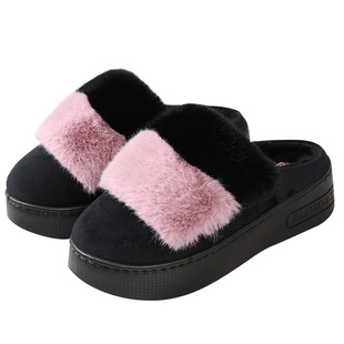 冬季棉拖鞋女厚底室内居家保暖增高坡跟高跟防水冬天女士毛毛拖鞋