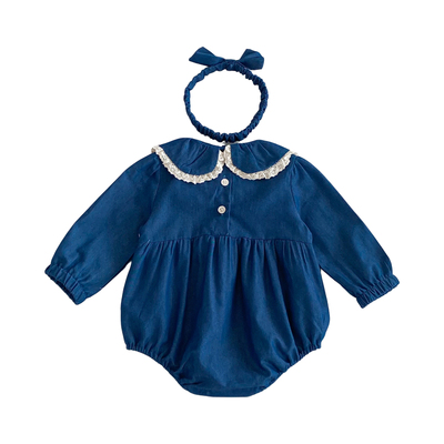 春秋女婴花边牛仔娃娃领连身哈衣包屁衣洋气爬服带蝴蝶结头饰