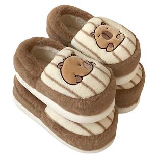 细细条 全包跟毛毛鞋冬季情侣卡皮巴拉水豚室内穿保暖棉拖鞋男女
