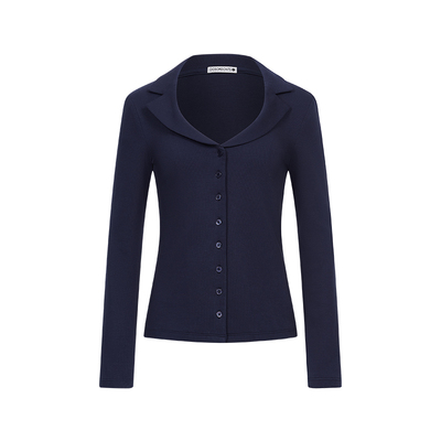 DOSORDONTS2026春季新品藏蓝色弹力软糯单排扣低领针织上衣两件套