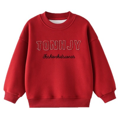 男童红色加绒卫衣秋冬款冬装新款